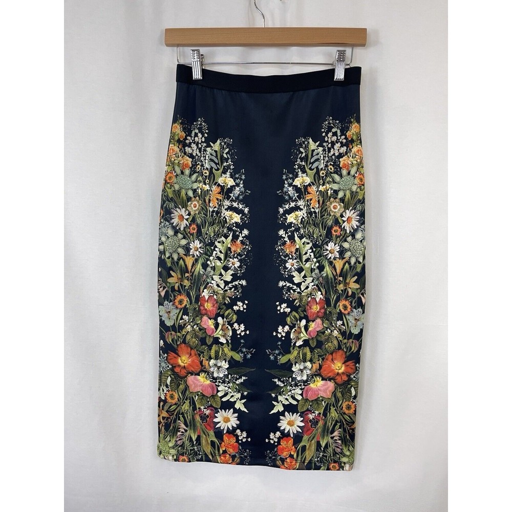 Women Small Black Skirt Pencil Straight Midi Floral Stretch Whimsigoth Office
